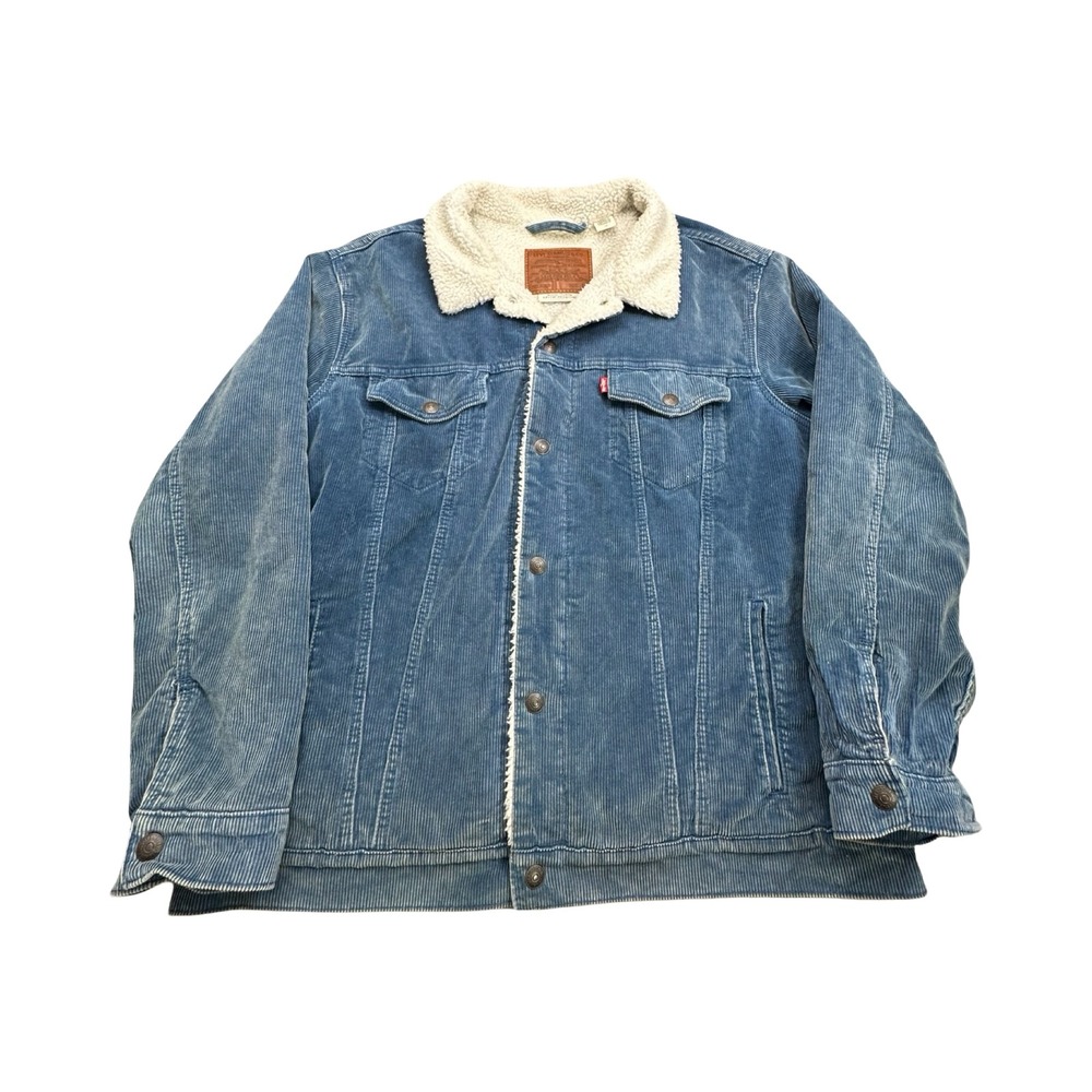 Levis Sherpa Trucker Jacket Mens L Blue Corduroy Relaxed Fit Western